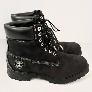 Timberland Premium 6 Inch Black Leather Boots Contrast Stitch Lug Sole Size 9